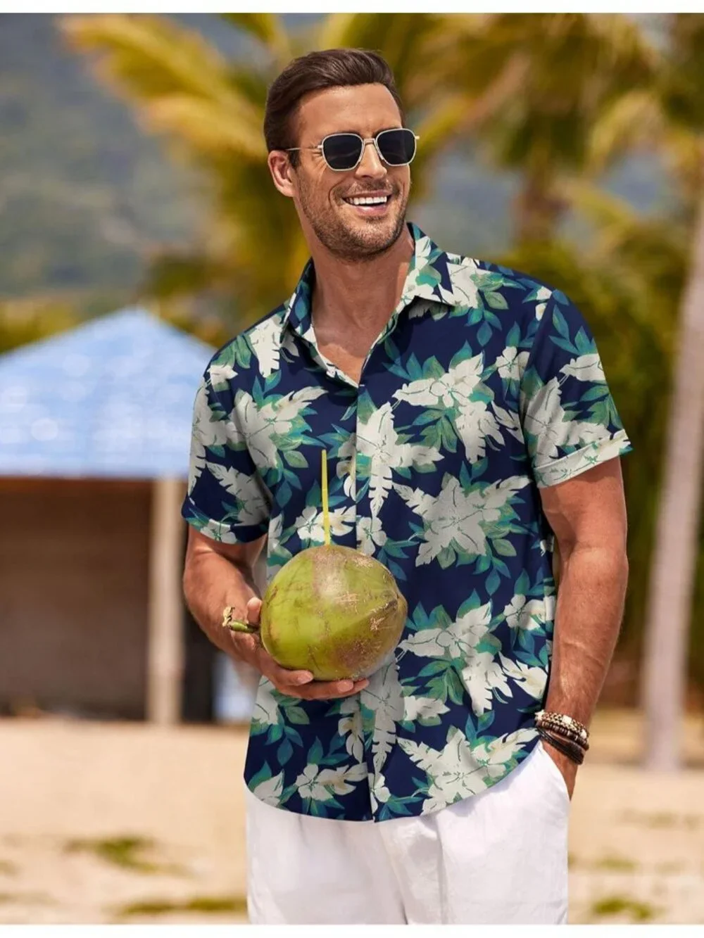 Men's  Blue-white Floral Classic Beach Linen Short Sleeve Casual Imported Shirt